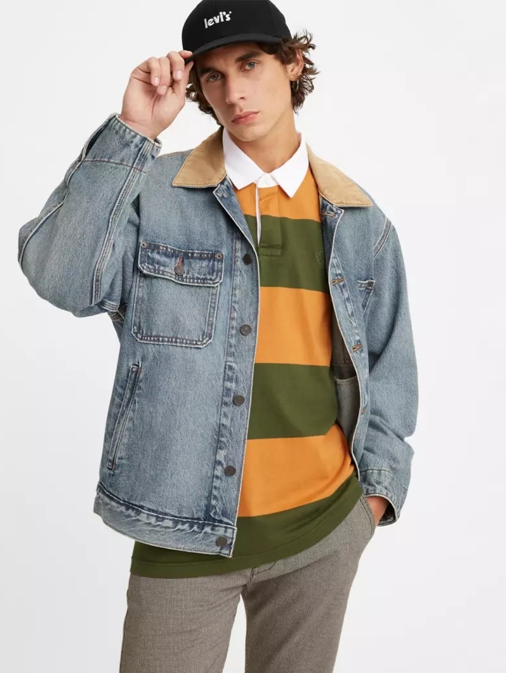Levi's Men's Washed Denim Jacket with Tan Corduroy Collar - Light Blue